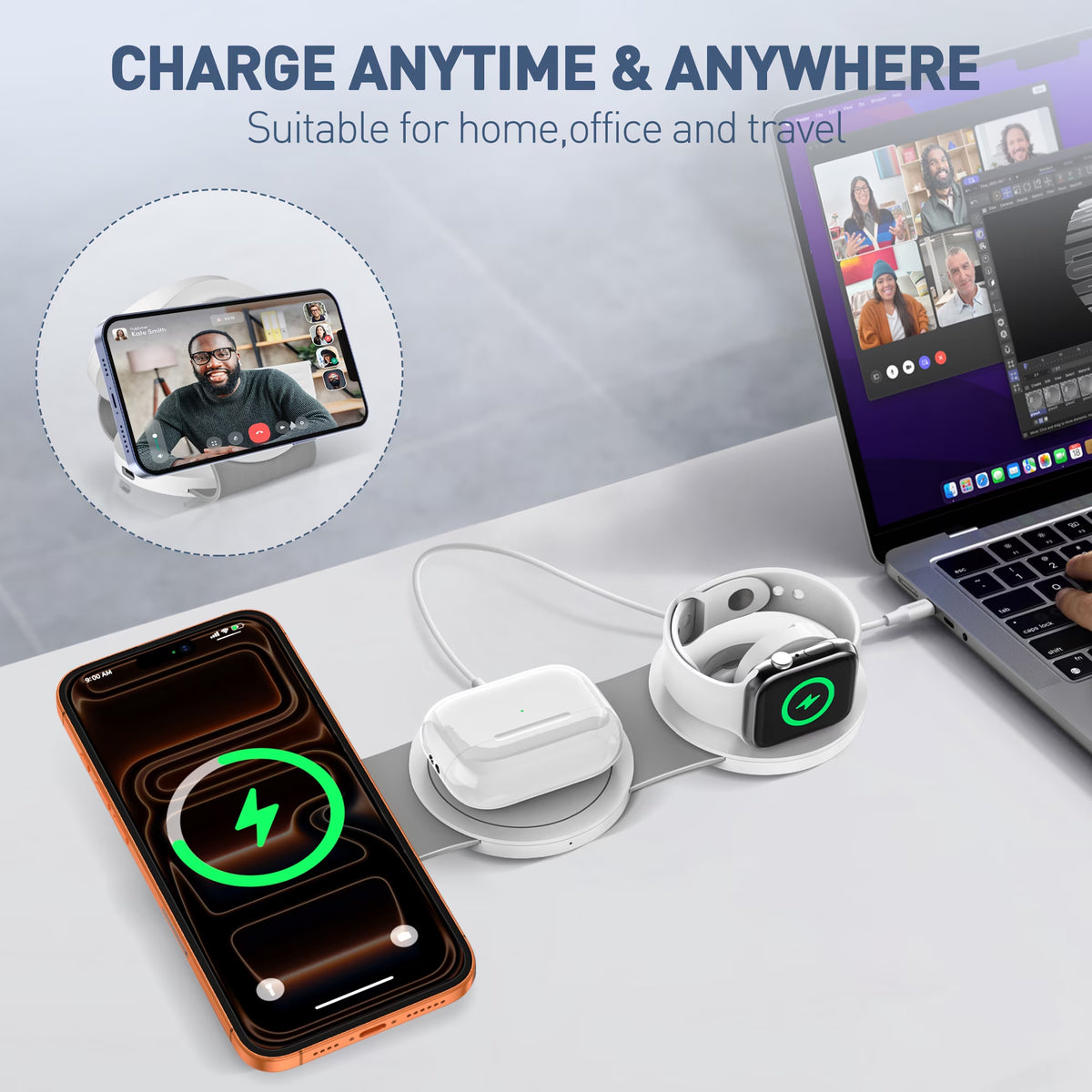 3-in-1 Wireless Charging Station for iPhone, 15W Fast Charger Stand for iPhone 16/15/14/13/12 Pro Max, Compatible with AirPods 3/2/Pro and Apple Watch Series 9/8/7/6/SE/5/4