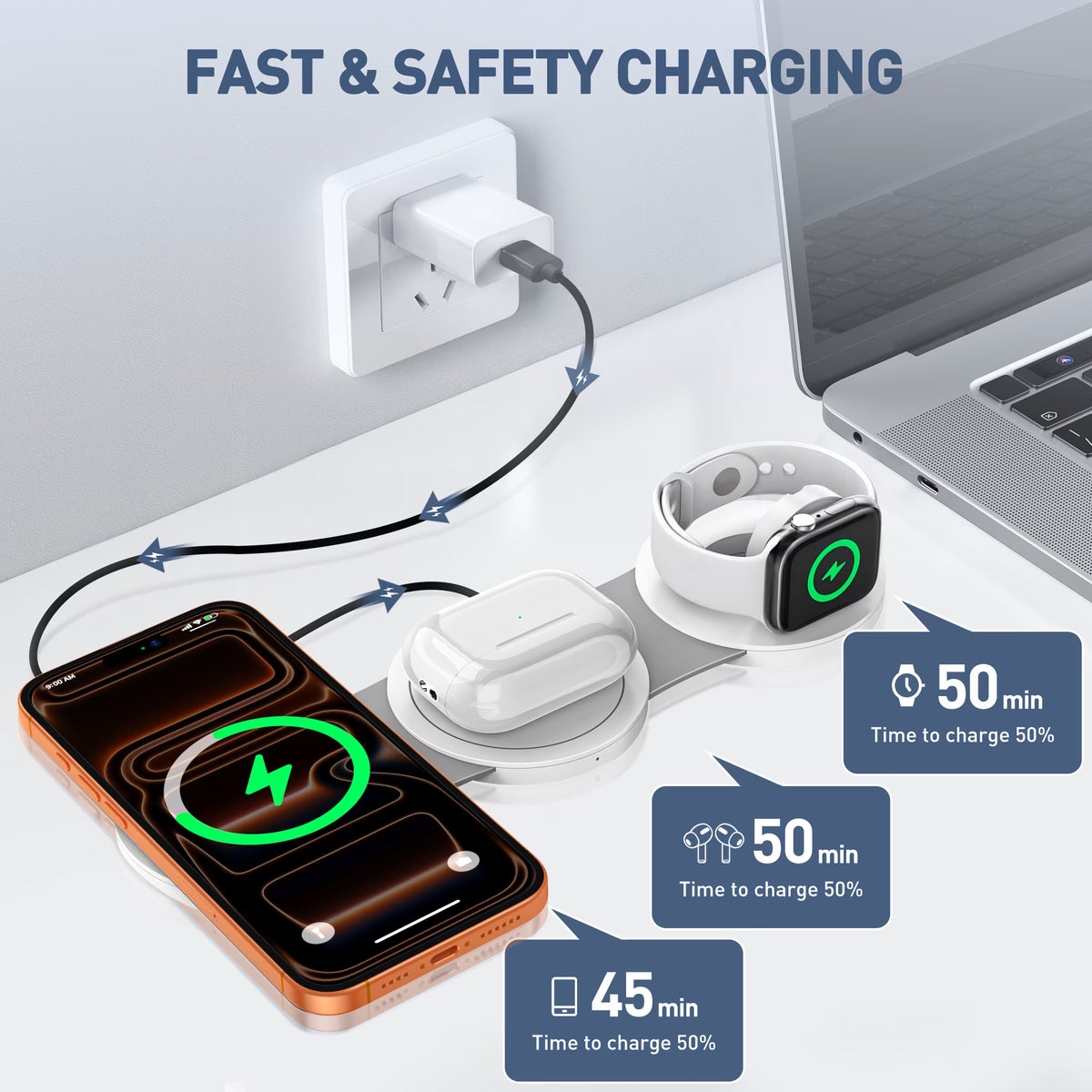 3-in-1 Wireless Charging Station for iPhone, 15W Fast Charger Stand for iPhone 16/15/14/13/12 Pro Max, Compatible with AirPods 3/2/Pro and Apple Watch Series 9/8/7/6/SE/5/4